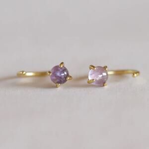 NEW ANTHROPOLOGIE Purple Amethyst 18kt Gold Tiny Stone Gemstone Hoop Earring